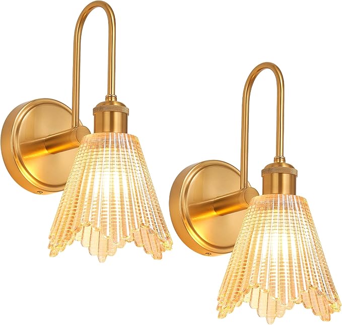 Wall Sconce Set of 2, Gold Vintage Light Fixtures with Long Amber Glass Lampshade, Hardwired Sconces Wall Lighting for Bedroom, Bathroom, Living Room | Includes 2 LED Bulbs
