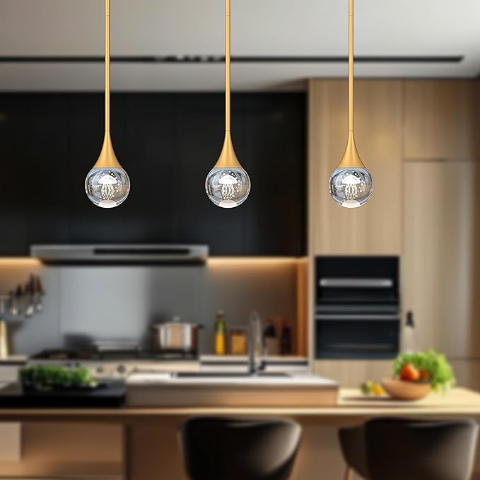 2-Pendant Lights Kitchen Island, Painted Gold Globe Crystal Ceiling Hanging Light Fxitures, LED Light Fixtures Metal Rod Ceiling Glass Pendant Lighting for Kitchen Island Dining Room Bar