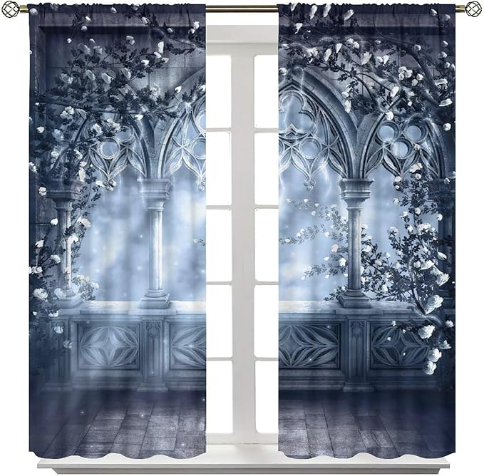 Gothic Mid Century Blackout Curtains, Medieval Castle Vintage Arch Stone White Rose Floral Window Drapes, for Living Room Bedroom 31.5(W)*72(L) 2 Panels
