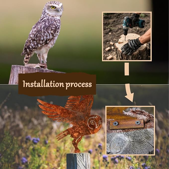 Rusty Metal Owl Garden Ornament - Flying Owl Statue for Outdoor Decor, Fence Decoration with Mounting Screws, Vintage Rustic Bird Sculpture for Yard, Patio & Lawn
