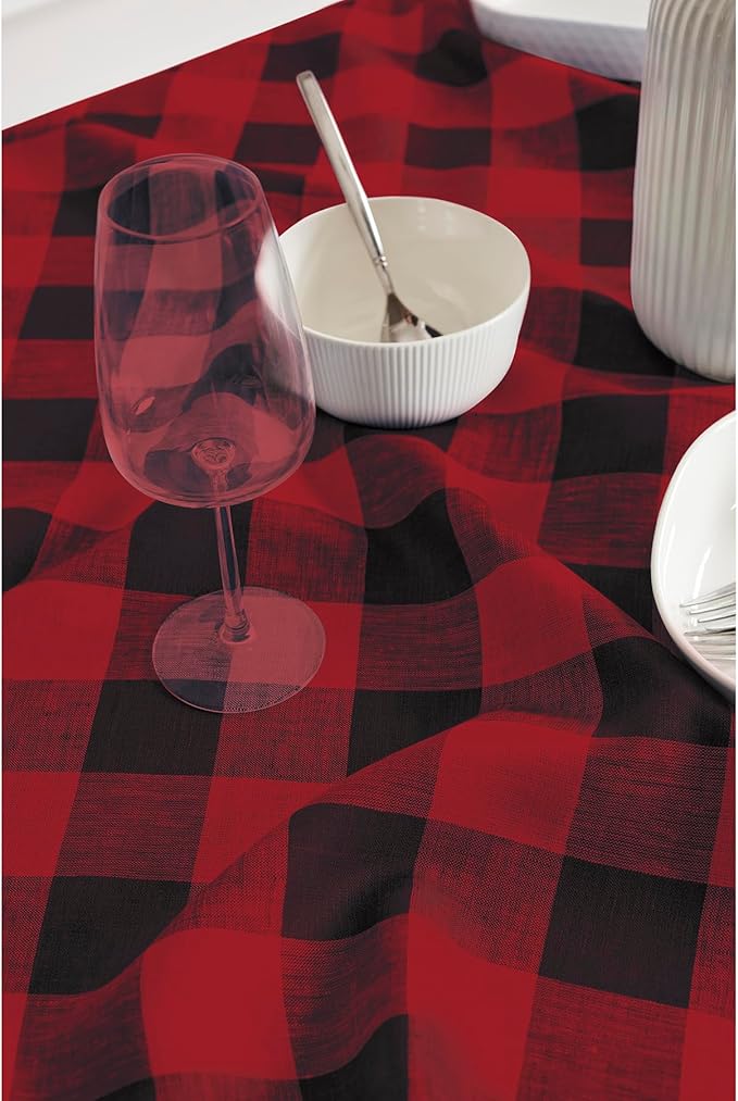 Solino Home Linen Checkered Tablecloth 60 x 90 Inch - 100% Pure Linen Red and Black Buffalo Plaid Table Cloth for Rectangle Tables - Machine Washable Tablecloth for Christmas