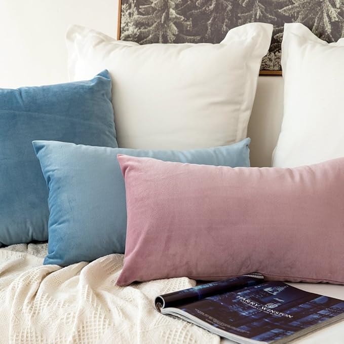 MIULEE Velvet Throw Pillow Covers 12x20 Inch Pack of 2,Soft Solid Decorative Lumbar Pillowcases Modern Luxury Home Decor for Bed Couch Sofa Bedroom Livingroom,Blue Gray