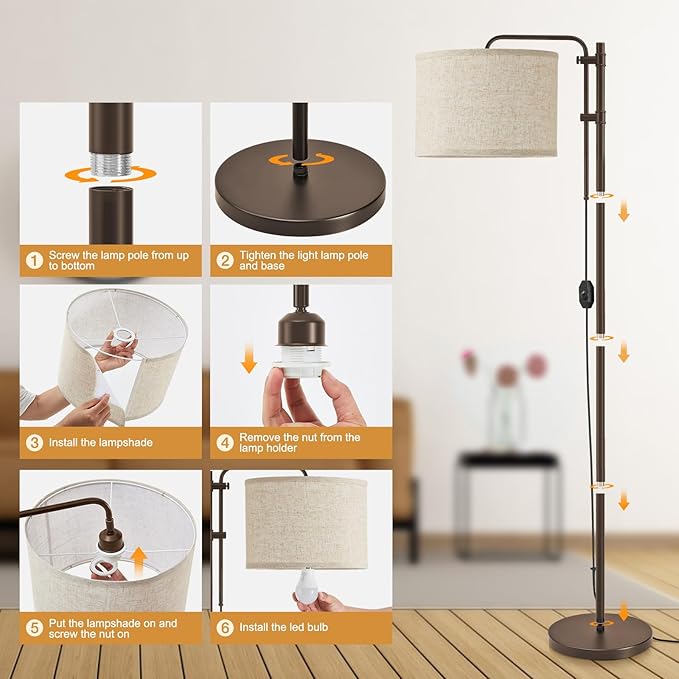 Floor Lamp for Living Room, Adjustable Height Standing Lamps with 350ยฐ Rotate Linen Lampshade, 67.5-Inch Brown Modern Tall Lamp Dimmable Floor Lamps for Corner Bedroom Home Office (Bulb Included)