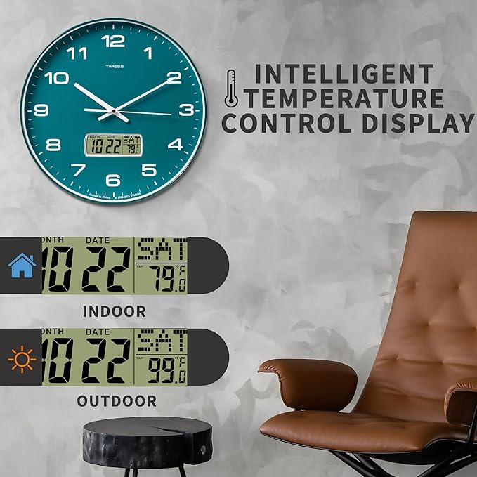 Wall Clock, 14" Large Dial Non-Ticking Silent Battery Operated Analog with LCD Display for Perpetual Calendar and Fยฐ Temperature, Ideal Modern Home, Bedroom, Kitchen, Office Decor(Green)