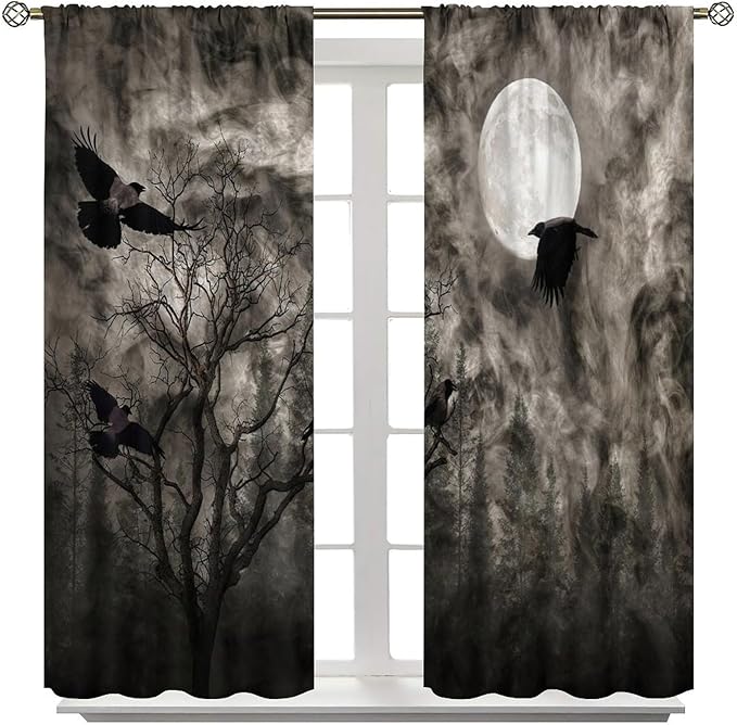 Gothic Crow Blackout Window Curtains, Gothic Style Dark Sky Full Moon Raven Halloween Pattern Window Drapes, for Home Bedroom Living Room 21(W)*45(L) 2 Panels
