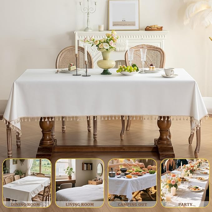 1 Pack Heavy Duty Cotton Tablecloth Soft Wrinkle Resistant Fabric with Decorative Tassles Fringe for Kitchen Dining Table, Natural White, 55x120 Inch