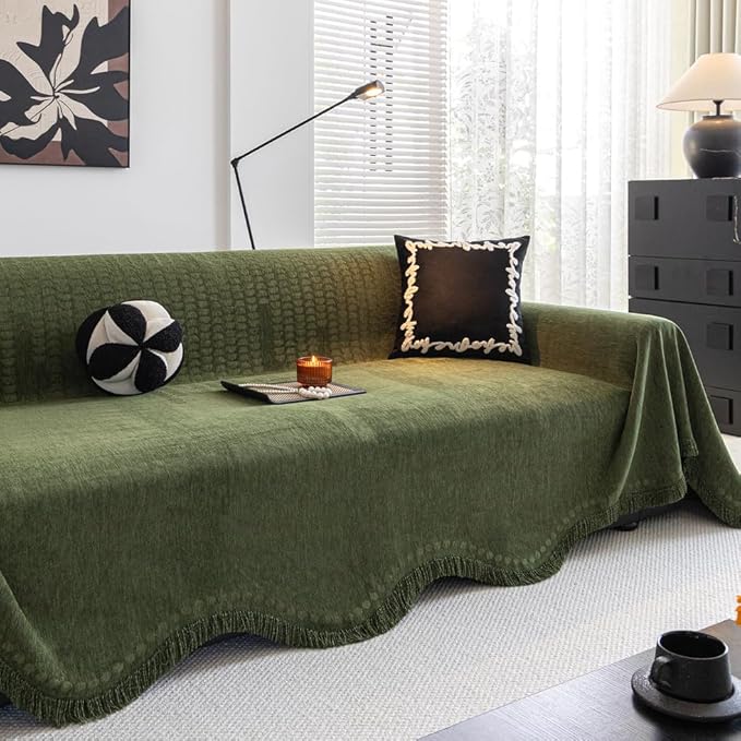 ROOMLIFE Green Sofa Cover, Vintage Boho Couch Cover for 3 Cushion Sofa, Non Slip Soft Chenille Sofa Slipcovers for Dog, Washable Furniture Sofa Protector Cover with Tassel for Living Room, 71''X150”