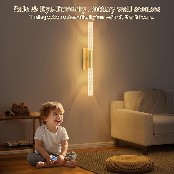 camuucci Battery Operated Gold Wall Sconces Set of 2 Rechargeable Battery Powered Wall Light with 12000mAh Not Hardwired Dimmable Wall Lamp Fixtures for Bedroom Living Room 25.6 Inches