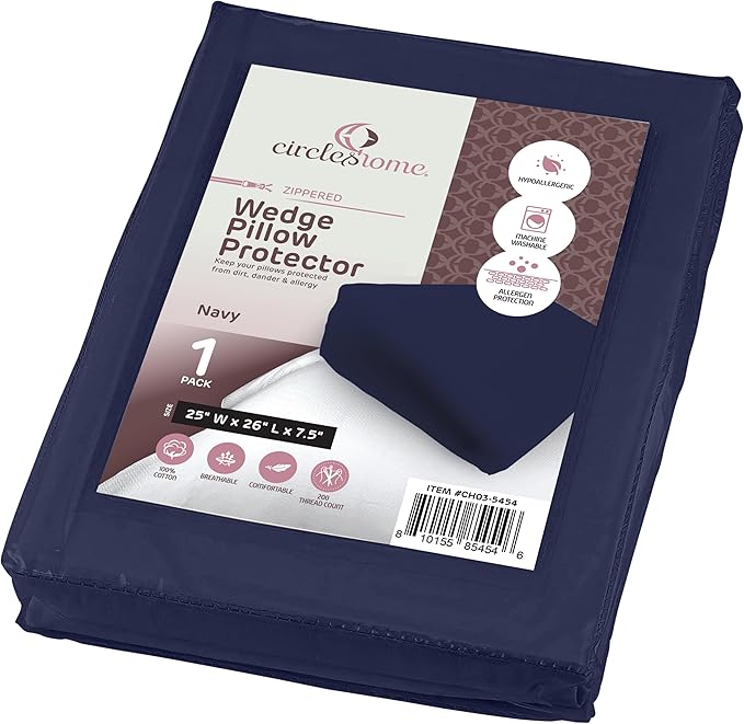 CirclesHome Wedge Pillow Cover 100% Cotton, Zippered Wedge Pillow Case Protector, Soft, Hypoallergenic & Breathable - Navy, (25Wx26Lx7.5)