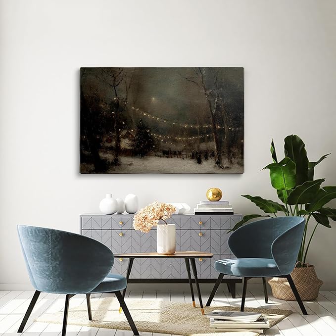 Winter Evening Landscape Wall Art Prints,Moody Antique Snowy Holiday Decor,Rustic Christmas Eve Print,Snowy Forest Lights Christmas Poster