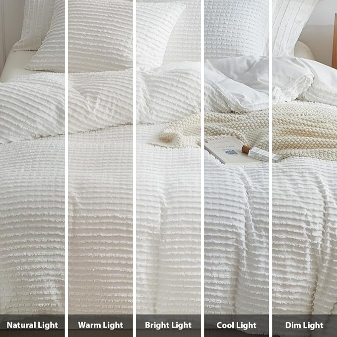 WARMDERN Boho Duvet Cover Set King Size,White Striped Duvet Cover Microfiber Bedding Set,3PCS Ultra Soft Breathable Lightweight Tuft Texture Pattern Duvet Covers with Zipper Closure(White,King)