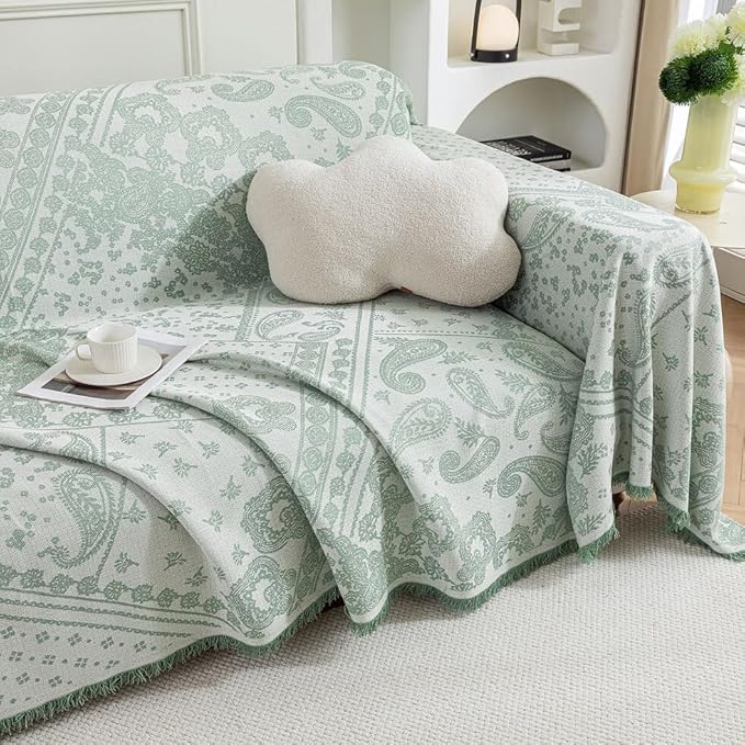 ROOMLIFE Green Sofa Cover, Vintage Boho Couch Cover for 3 Cushion Sofa, Soft Breathable Sofa Cover for Dog, Washable Furniture Sofa Protector Cover Blanket with Tassel for Living Room, 71 '' X 134''