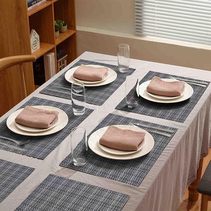 AHHFSMEI Placemats for Dining Table Set of 8 Woven Vinyl Plastic Place Mats Non-Slip Heat Insulation Stain Resistant Table Mats Washable Easy Clean Placemats (Linen Black 8)