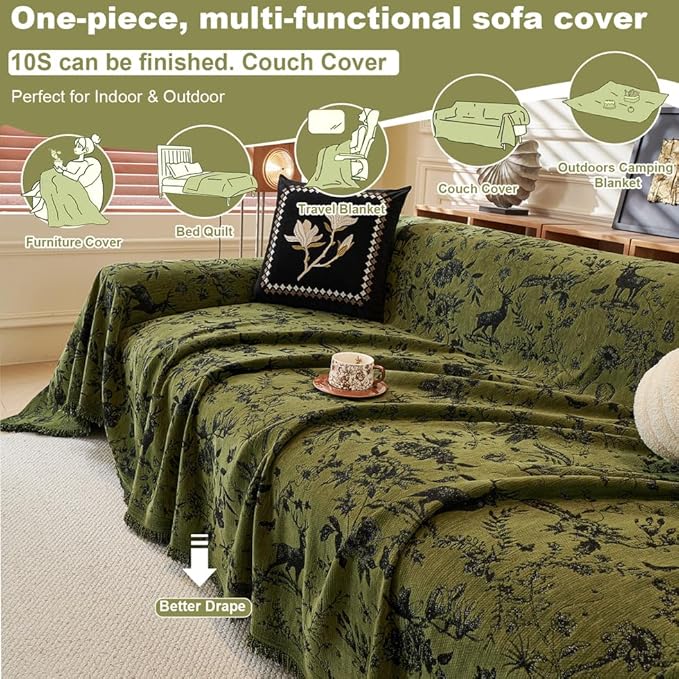 ROOMLIFE Green Sofa Cover, Vintage Boho Couch Cover for 3 Cushion Sofa, Non Slip Soft Chenille Sofa Slipcovers for Dog, Washable Furniture Sofa Protector Cover with Tassel for Living Room, 71''X150”