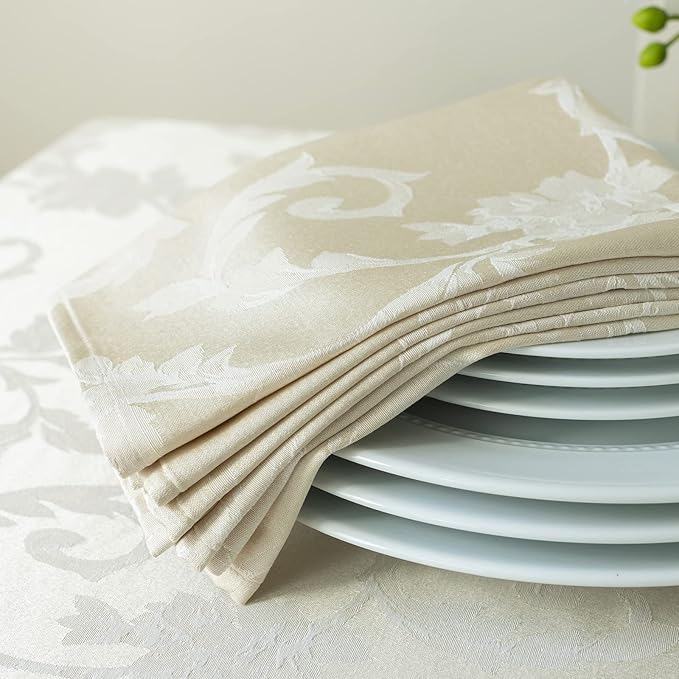 Benson Mills Harmony Scroll Woven Damask Fabric Set of 4 Napkins, Everyday, Parties, Special Occasions, Weddings and Holiday Cloth Napkin (18" x 18" Napkins, Birch)