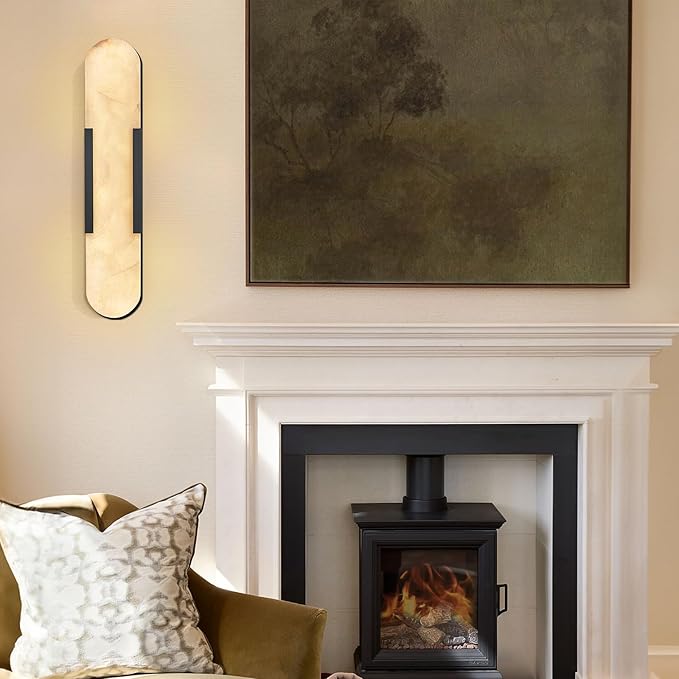 Alabaster Wall Sconce, 20" Natural Marble Wall Sconce, Black Alabaster Sconces, Indoor Modern Bathroom Sconces Wall Lighting for Living Room, Bedroom, Hallway, Stairs