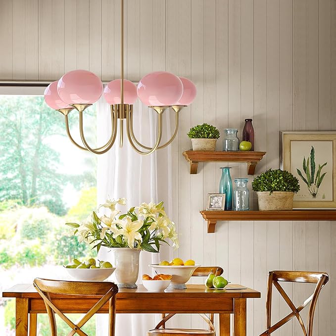 BOKT 5 Light Gold Globe Sputnik Chandelier Modern Pink Glass Sputnik Pendant Lights Kitchen Island Mid Century Vintage Brushed Brass Ball Chandelier Light Fixture for Bedroom Dining Living Room