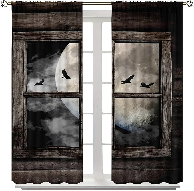Gothic Halloween Blackout Window Curtains, Black Birds Crow Dark Print Window Drapes, for Home Kids Boys Bedroom Living Room 21(W)*63(L) 2 Panels