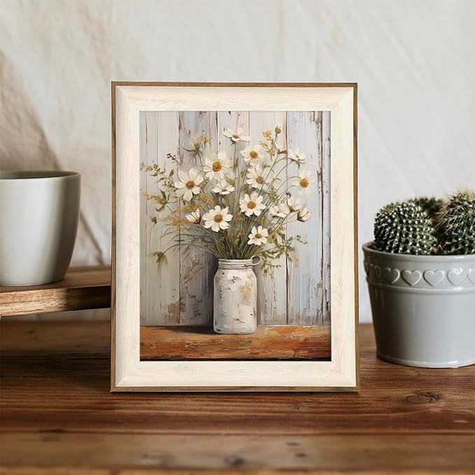 XOCUUI Vintage Canvas Wall Art, Modern Gallery Decor Print White Daisy Flower With Leaf In Bottle Theme Picture Artwork For Walls Ready for Kitchen Bedroom Decor Size 8x10