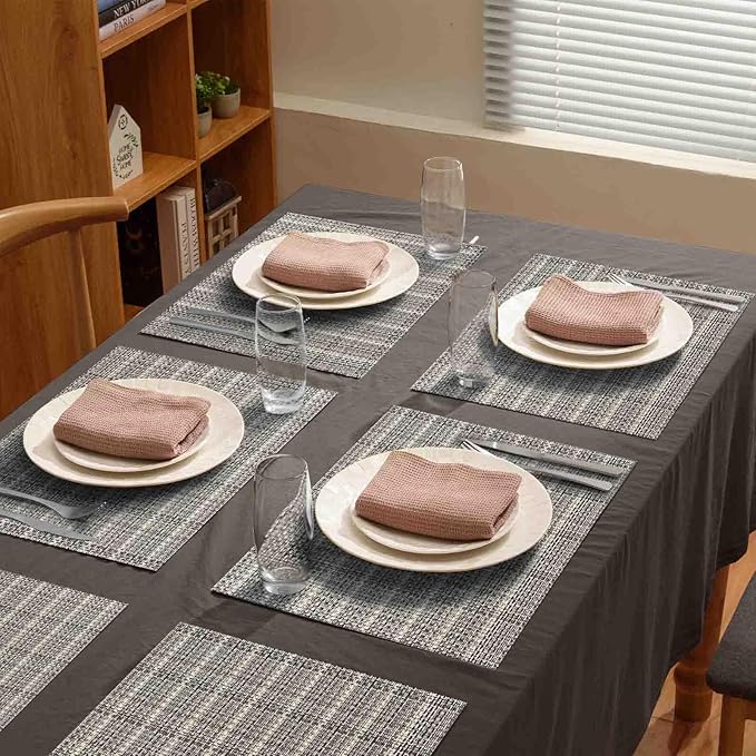 AHHFSMEI Placemats for Dining Table Set of 8 Woven Vinyl Plastic Place Mats Non-Slip Heat Insulation Stain Resistant Table Mats Washable Easy Clean Placemats (Linen gey 8)