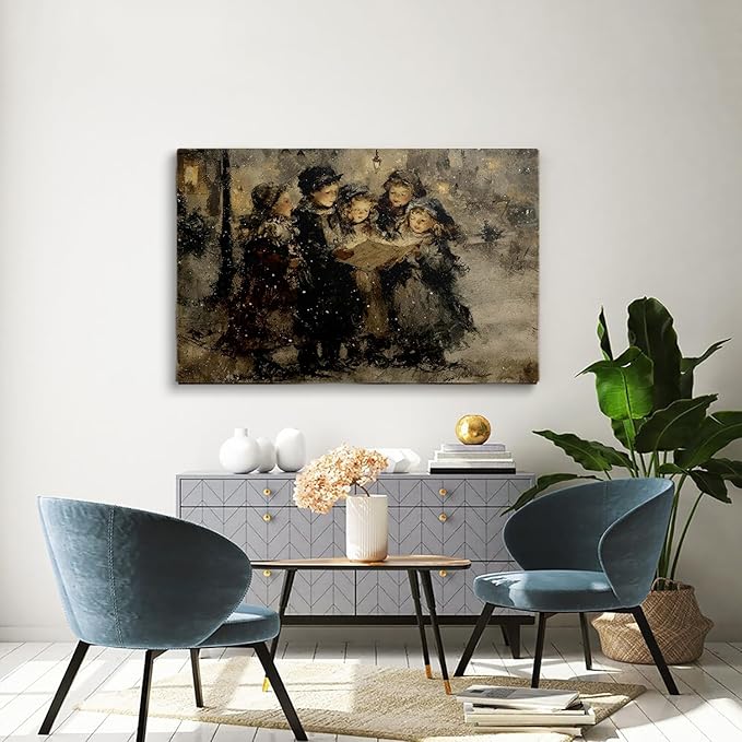 Victorian Christmas Carolers Poster,Moody Winter Print,Rustic Xmas Cottage Decor,Christmas Print