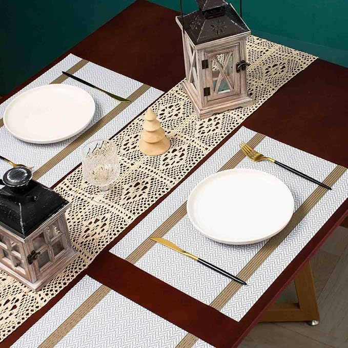 AHHFSMEI Placemats for Dining Table Set of 6 Woven Vinyl Plastic Place Mats Non-Slip Heat Insulation Stain Resistant Table Mats Washable Easy Clean Placemats (White Wave Stripe)