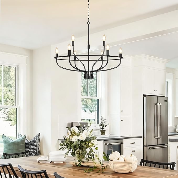 30" Black Chandelier, 9-Light Modern Farmhouse Chandelier for Dining Room Lighting Fixtures Hanging, Candle Chandelier Light for Living Room, Kitchen Island, Bedroom, E12(Bulbs Not Included)