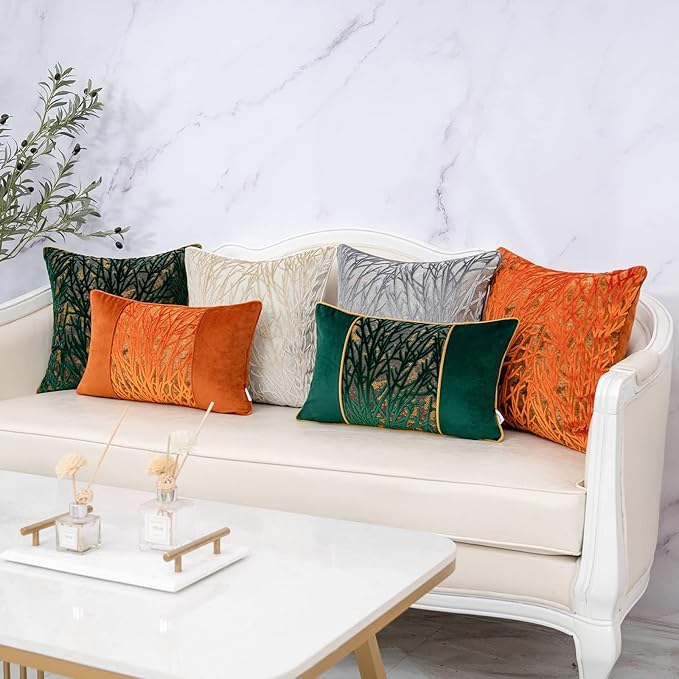 Yangest Orange Yellow Twigs Throw Pillow Cover Velvet Branches Velvet Cushion Case Neutral Pillowcase for Sofa Couch Bedroom Living Room Home Decor,18x18 Inch