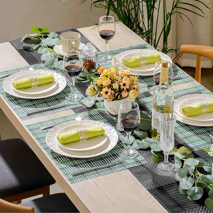 AHHFSMEI Placemats for Dining Table Set of 8 Woven Vinyl Plastic Place Mats Non-Slip Heat Insulation Stain Resistant Table Mats Washable Easy Clean Placemats (Green Blue Stripe 8)