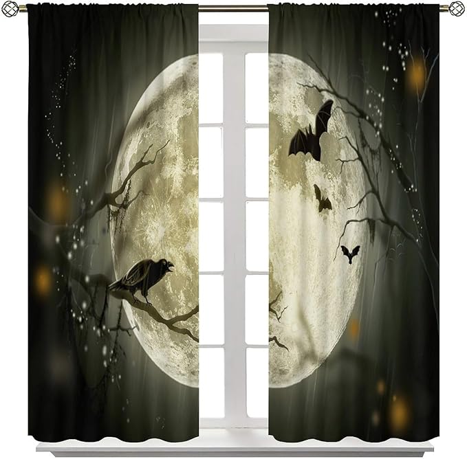 Gothic Halloween Full Moon Blackout Curtains, Gothic Halloween Night Black Bat Crow Print Window Drapes, for Kids Boys Bedroom Living Room 21(W)*54(L) 2 Panels