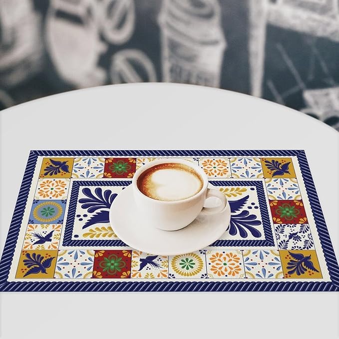 Mexican Placemat Set of 6, 12x18 Inch Rustic Mexico Tiles Floral Birds Colorful Talavera Ceramic Dia De Los Muertos Coffee Vintage Table Mats for Outdoor Kitchen Dining Table Decoration