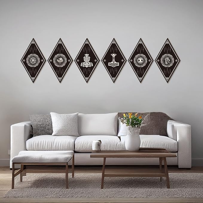 Nuenen 6 Pcs Nordic Vikings Wood Sign Celtic Drakkar Rune Wall Decor Scandinavian Vikings Boat Hanging Wooden Signs Mediaeval Wall Plaque for Christmas Home Kitchen Mythology Runes Artwork Pagan Gifts