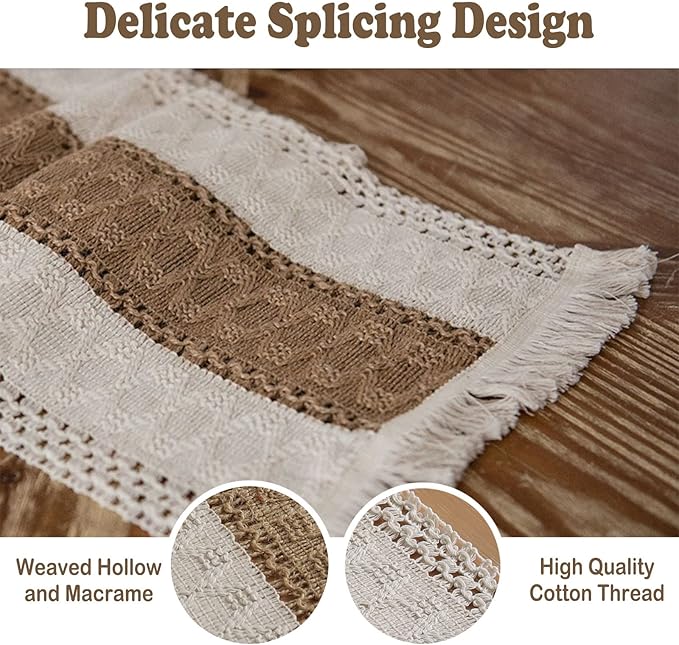 Boho Burlap Macrame Table Runner, Farmhouse Style Cotton Linen Rustic Woven Table Runner with Tassels for Dining, Wedding, Bridal Shower, Bohemian (12x108 inch, Coffee Stripe)