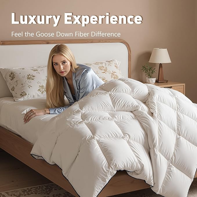 Fluffy Goose Feather Down Fiber Comforter California King, Luxury Cozy Hotel Quilted Duvet Insert, All Season Aesthetic Comfortable Bedding Duvet with Cotton Blend Shell 104x96Inch