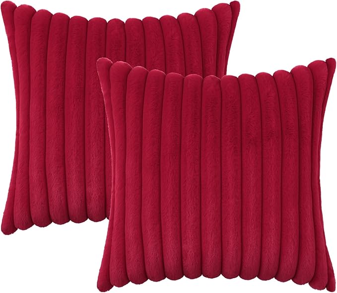 decorUhome Faux Fur Christmas Throw Pillow Covers 16x16 Set of 2, Decorative Soft Plush Striped Neutral Couch Euro Pillow Covers with Velvet Back for Sofa, Bed, Living Room Home Decor, Red