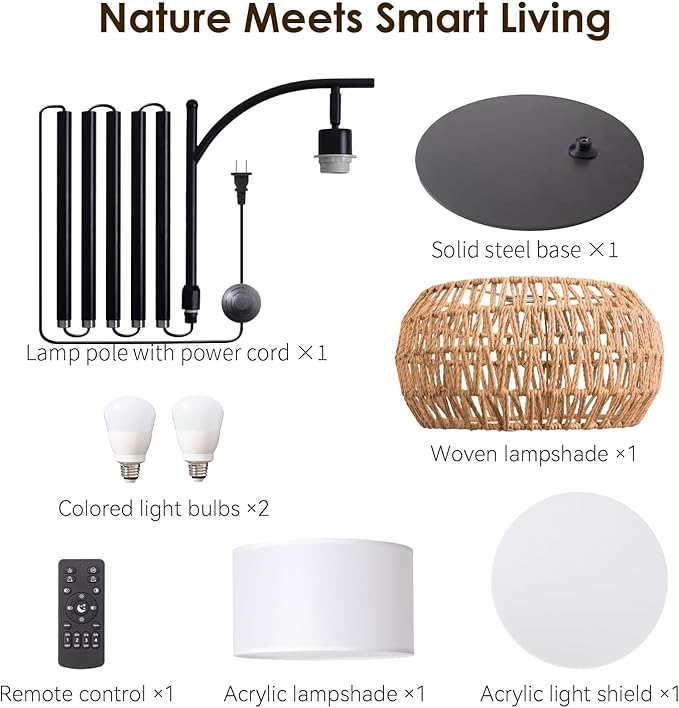 Boho Rattan Floor Lamp with Shade โ 12W Bright Dimmable LED Bulb, Remote Control 3 Color Temperatures, Modern Farmhouse Handwoven Arc Standing Light for Living Room Bedroom