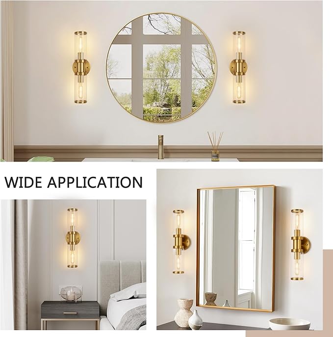 17.5 inch Gold Wall Sconces, Modern Wall Sconces Lighting with Clear Glass Shade, 2-Light Gold Vanity Light Wall Lamp for Mirror Bathroom Kitchen Living Room