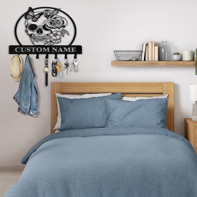 Personalized Key Holder for Wall - Coat Rack Wall Mount with Skeleton & Rose Flower Design, Metal Key Organizer with Hooks, Skull Wall Decor for Bedroom Living Room Entryway, Personalized Gift