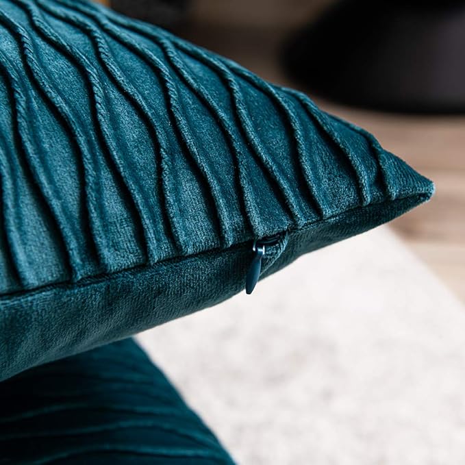 20x20 Teal Throw Pillow Cases: 2 Pack Original Striped Velvet Square Decorative Pillow Covers for Farmhouse Couch