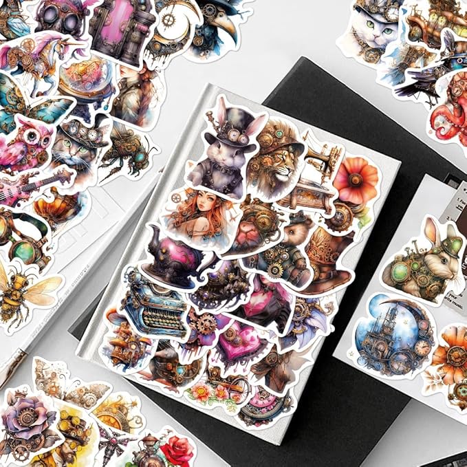 50-Piece Steampunk Sticker Pack – Vintage Victorian Mechanical Art Stickers for Scrapbooks, Laptops, Journals, Mug, Water Bottles