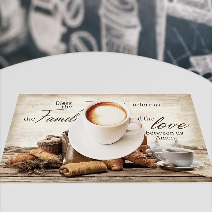 Coffee Placemat Set of 6, 12x18 Inch Rustic Bless The Food Before Us Bread Coffee Theme Farmhouse Washable Heat Resistant Table Mats for Outdoor Farmhouse Kitchen Dining Decor