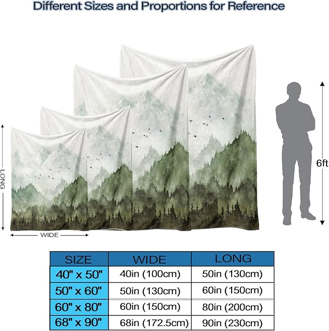 Neasow Watercolor Mountain Forest Fleece Throw Blanket, Nature Misty Foggy Sage Green Tree Landscape Art Nap Blankets Gift Sofa Bed Couch Chair or Dorm Throws 60ร80 inches