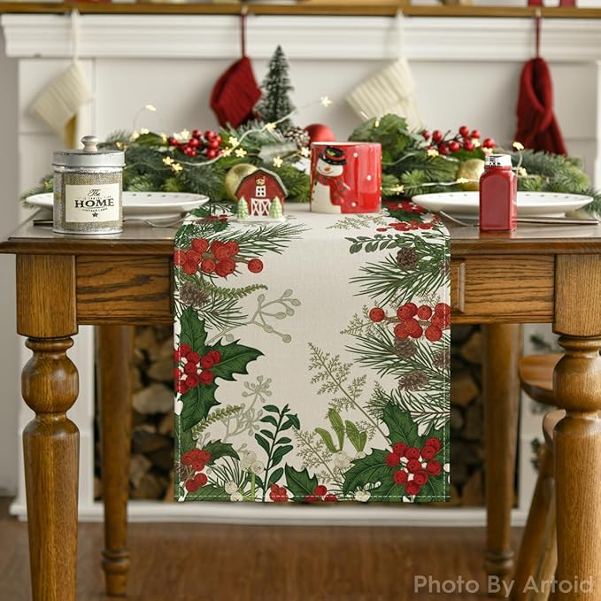 Artoid Mode Holly Pine Cone Christmas Table Runner, Seasonal Winter Kitchen Dining Table Decoration for Home Party Decor 13x120 Inch