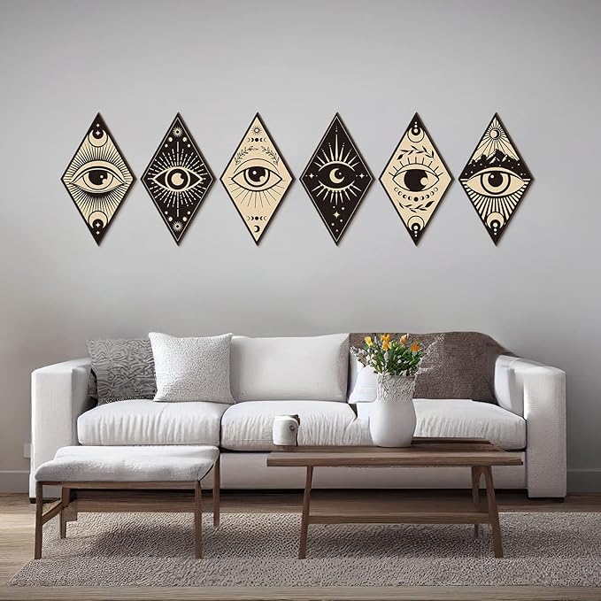 Nuenen 6 Pcs Farmhouse Home Wall Decor Western Geometric Diamond Frame Wall Hanging Boho Modern Abstract Art Prints Wooden Diamond Sign Decorations for Bedroom Living Room Bathroom(Eye Style)