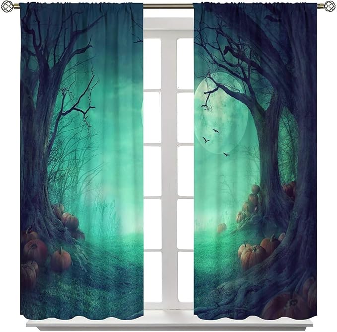 Gothic Mushroom Blackout Window Curtains, Misty Dark Black Forest Moon Halloween Window Drapes, for Living Room Bedroom 27.5(W)*63(L) 2 Panels