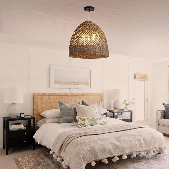 18.9" Rustic Woven Pendant Light Fixture 3-Lights Bohemian Handmade Basket Hanging Light Rattan Wicker Farmhouse Chandelier for Kitchen Island Bedroom Living Room, Kitchen Island, Foyer Hallway