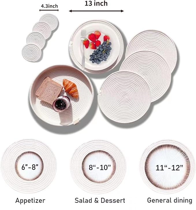 Art PineCone's Woven Cotton Rope Round Placemats Set of 4 with Holder Included, Non-Slip, and Heat Resistant Shabby Chic Placemats (Off White, 13 inch Plus Coaster)