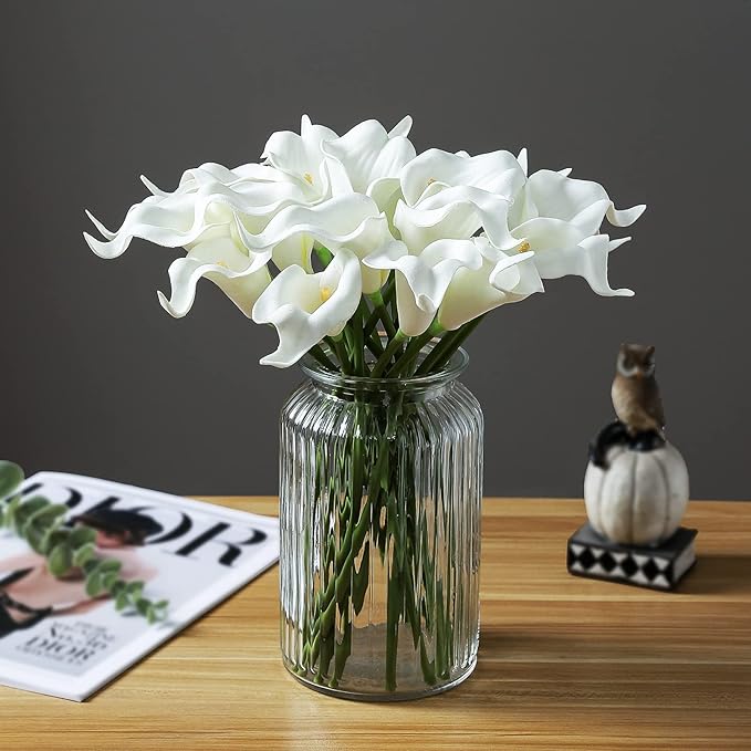 Duovlo 20pcs Calla Lily Bridal Wedding Bouquet Lataex Real Touch Artificial Flower Home Party Decor (Pure White)