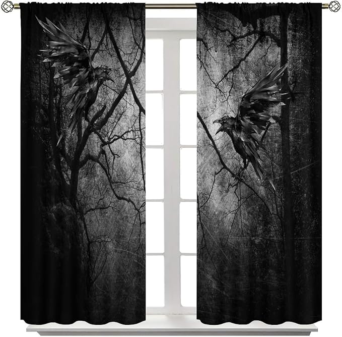 Gothic Crows Blackout Curtains, Black Forest Tree Spooky Foggy Mysterious Horror Theme Window Drapes, for Living Room Bedroom 27.5(W)*63(L) 2 Panels