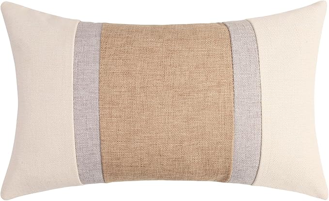 Pyonic Pillow Covers 12x20 Farmhouse Decor Patchwork Linen Throw Lumbar Pillow Covers White and Grey Boho Accent Cushion Covers for Couch Sofa,Set of 2